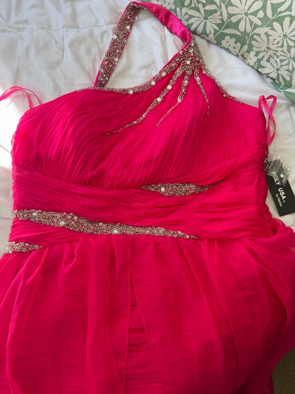 Hot Pink Beaded One-Shoulder Gown